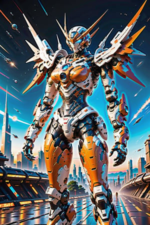 A female Gundam robot is tall and has a streamlined shape.
Her look is futurism filled with metallic touches and bright colored finishes.
Her head has a transparent mask that reveals intricate electrical wiring and light-emitting components inside.
Place the robot on a viaduct in a futuristic city against a backdrop of soaring skyscrapers and flashing neon lights.
Or place the robot in a vast expanse of space surrounded by a cosmic scene of twinkling stars.
Using a fisheye lens, shot at a low Angle, accentuates the robot's sense of majesty and power.
Or use tracking lenses to capture the dynamic sense of the robot moving at high speed.
The robot stands on a viaduct with a busy urban scene in the background, her hands emitting blue beams of energy that illuminate the scene.
The robot soars through space, her body radiates dazzling light, the stars around her flash around her, best quality, masterpiece, beautiful and beautiful, photography, (best quality, Masterpiece: 1.2), 16K, HDR, Photorealistic, (Film ingredients: 1.3), Super high, ridiculous: 1.2, Kodak Portra400, Detailed background, lens flare, (Dynamic color: 1.2), Movie lighting, ambient lighting, side lighting, fine detail and texture, masterpiece, best quality, super detail, {movie lighting}, {illustration,mecha