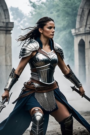 Amidst the chaos and carnage of the battlefield, a fierce and fearless woman warrior emerges, her battle-worn armor glistening with sweat and determination. With a steely gaze and a sword held high, she commands respect and strikes fear into the hearts of her enemies. Her movements are fluid and precise, a deadly dance of agility and strength. The sound of her war cries echoes through the air, inspiring courage in her allies and striking terror in the hearts of her foes. With every swing of her weapon, she fights with unwavering resolve, protecting her comrades and defending what she holds dear.