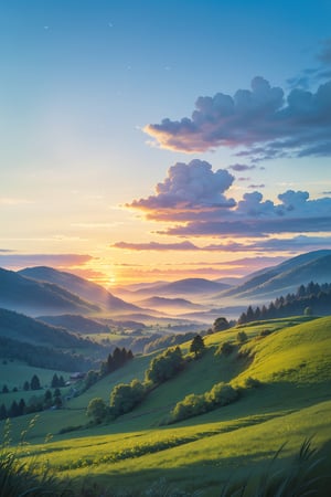 (Masterpiece, ultra detailed, hyper quality, best result)view from car roof , morning car ride in village , sunset, trees and grass looks beautiful, EREBOR mountain (from Hobbit movies) on the foreground. ,High detailed ,firefliesfireflies,blue sky, white clouds, aurora