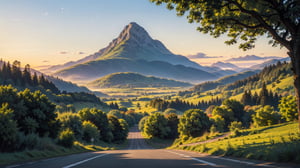 (Masterpiece, ultra detailed, hyper quality, best result)view from car roof , morning car ride in village , sunset, trees and grass looks beautiful, EREBOR mountain (from Hobbit movies) on the foreground. ,High detailed ,firefliesfireflies