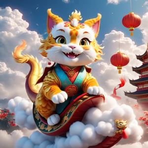 create a cute cat riding cute Chinese dragon through the clouds and speed feeling,face funny, happy Chinese new year mood,Japan style,surrounded by star,hyperquality,C4D,blender,photorealistic,UHD,hyper resolution,Rembrandt lighting,8k,hyper realistic,Unreal Engine 5.