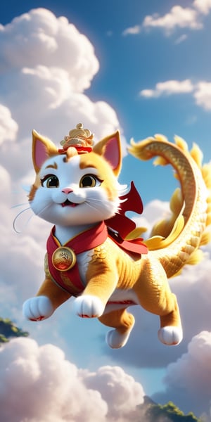 create a cute cat riding cute Chinese dragon through the clouds and speed feeling,face funny, happy Chinese new year mood,Japan style,surrounded by star,hyperquality,C4D,blender,photorealistic,UHD,hyper resolution,Rembrandt lighting,8k,hyper realistic,Unreal Engine 5.