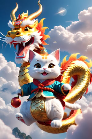 create a cute cat riding cute Chinese dragon through the clouds and speed feeling,face funny, happy Chinese new year mood,Japan style,surrounded by star,hyperquality,C4D,blender,photorealistic,UHD,hyper resolution,Rembrandt lighting,8k,hyper realistic,Unreal Engine 5.