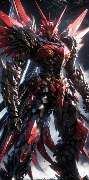 Complex character design puts Sazabi (Gundam) in battle-ready condition, ready to take on a horde of terrifying monsters. The design exudes an aura of aggression and determination, with the black and red color scheme highlighting Sazabi’s resilience and unwavering fighting spirit.