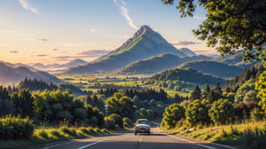 (Masterpiece, ultra detailed, hyper quality, best result)view from car roof , morning car ride in village , sunset, trees and grass looks beautiful, EREBOR mountain (from Hobbit movies) on the foreground. ,High detailed ,firefliesfireflies