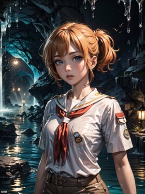 ((masterpiece, best quality, extremely detailed), volumetric lighting, ambient occlusion, colorful, glowing),

1girl, long eyelashes, orange hair, (brown eyes), medium breasts, cropped shirt, short pants, brown boots, (scout outfit:1.3),
Outdoors, night, darkness, cave, cavern, stones, stalactites, fireflies, water, humidity, pool of water,

upper body, close up,