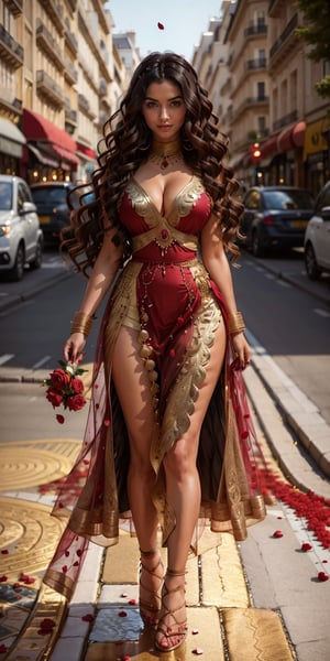 (GODDESS), (she is surrounded by her dark long ebony hair all around her body). (large amazing jewels), godly glow, (her body is wrapped in dark maroon A-lin regal dress), ((very long hair )),3DMM, High detailed, detailed skin texture, hyperrealistic, UHD, 8k, m4d4m,aditi,paris backround,empty street,rose petals flowing on air,honey,high quality,realistic