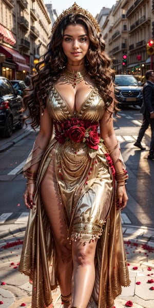 (GODDESS), (she is surrounded by her dark long ebony hair all around her body). (large amazing jewels), godly glow, (her body is wrapped in dark maroon A-lin regal dress), ((very long hair )),3DMM, High detailed, detailed skin texture, hyperrealistic, UHD, 8k, m4d4m,aditi,paris backround,empty street,rose petals flowing on air,honey