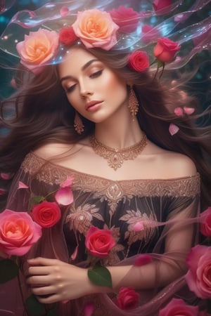 Closeup portrait of a beautiful girl with long flowing hair, surrounded by paradisiacal pink rose with transparent petals, glowing in the background. Dreamlike and ethereal atmosphere, soft lighting and intricate details. 