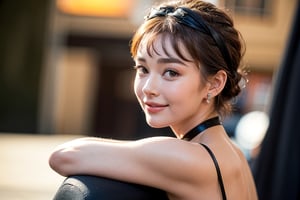 Ultra-realistic photo of Audrey Hepburn, 1girl, 22yo, masterpiece, best quality, photorealistic, raw photo, short hair, gucci style, light smile, black cloth, view from the left side, low key, sunset_background