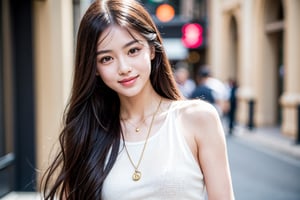 masterpiece, best quality, photorealistic, raw photo, 1girl, long hair, gucci style, light smile, detailed skin, pore, walking, low key, street_background