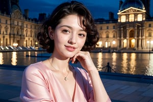 Ultra-realistic photo of  Edith Piaf, 1girl, 22yo, masterpiece, best quality, photorealistic, raw photo, short hair, gucci style, light smile, detailed skin, pink cloth, view from the left side, low key, full_body, night, Glass Pyramid of the Louvre Museum in Paris_background