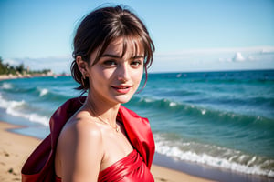 Ultra-realistic photo of Penélope Cruz, 1girl, 22yo, masterpiece, best quality, photorealistic, raw photo, short hair, gucci style, light smile, detailed skin, red cloth, low key, walking, beach_background