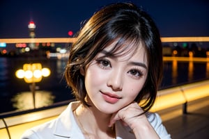 Ultra-realistic photo of Teresa Teng, 1girl, 22yo, masterpiece, best quality, photorealistic, raw photo, short hair, gucci style, light smile, white cloth, view from the left side, low key, night, shanghai_airport_background