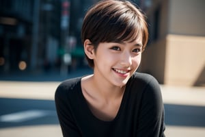 masterpiece, best quality, photorealistic, raw photo, 1girl, short hair, college student, light smile, detailed skin, pore, black cloth,  low key, street_background