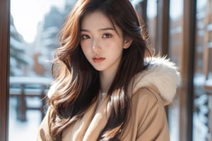 winter, horizon,an explorer,25 yo,beautiful girl,very long hair, straight hair,brown hair,smile,wearing winter cloth,Best Quality, 32k, photorealistic, ultra-detailed, finely detailed, high resolution, perfect dynamic composition, beautiful detailed eyes, sharp-focus, front view,Chinese ink painting,Nature,Asia