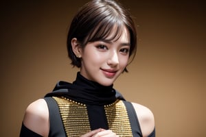 masterpiece, best quality, photorealistic, raw photo, 1girl, short hair, gucci style, light smile, detailed skin, pore, black cloth,  accordion, low key, stage_background