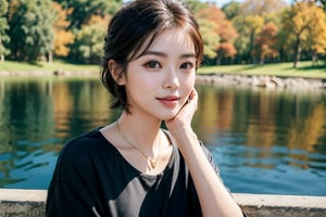 Ultra-realistic photo of  Teresa Teng, 1girl, 22yo, masterpiece, best quality, photorealistic, raw photo, short hair, gucci style, light smile, black cloth, view from the left side, low key, autumn, lake_background