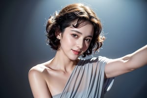 Ultra-realistic photo of  Edith Piaf, 1girl, 20yo, masterpiece, best quality, photorealistic, raw photo, short hair, gucci style, light smile, detailed skin, pore, white/grey cloth, view from the left side, low key, dancing, upper_body, ballroom_background