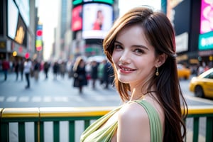 Ultra-realistic photo of  Elizabeth McGovern, 1girl, 22yo, masterpiece, best quality, photorealistic, raw photo, long hair, gucci style, light smile, detailed skin, green cloth, view from the left side, low key, Times Square, New_York_background