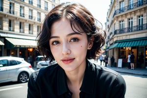 Ultra-realistic photo of  Edith Piaf, 1girl, 24yo, masterpiece, best quality, photorealistic, raw photo, short hair, gucci style, light smile, detailed skin, black cloth, view from the left side, low key, cafe,  paris street_background