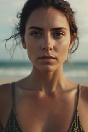 photograph close up portrait of Female. serious, stoic cinematic 4k epic detailed 4k epic detailed photograph shot on kodak detailed bokeh cinematic hbo dark moody standing on the beach 