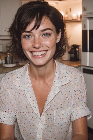 beautiful lady, (freckles), big smile, blue eyes, short hair, dark makeup, hyperdetailed photography, soft light, Manhattan apartment kitchen, late night, pajamas, drinking coffee. ,aw0k euphoric style