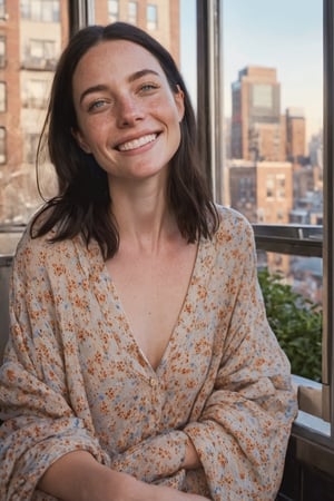 beautiful lady, (freckles), big smile, blue eyes, shoulder length dark hair, loght makeup, hyperdetailed photography, soft light, Manhattan apartment patio 
, view of the city, , early morning, still datk outside, cold, pajamas, drinking coffee. ,aw0k euphoric style