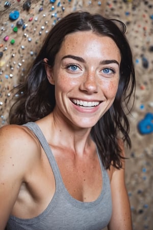 beautiful lady, (freckles), big smile, blue eyes, shoulder length dark hair, light  makeup, hyperdetailed photography, soft light, Rock climbing , indoor rock climbing arena, indoor rock climbing wall  , cold. ,aw0k euphoric style