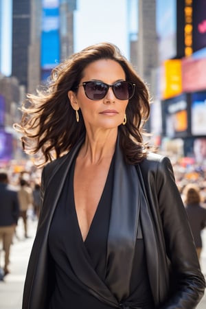 Photorealistic portrait of a middle-aged woman with long, flowing dark hair cascading down her back. She is standing confidently in the heart of Times Square, New York City, with the iconic flashing billboards and bustling crowds blurred in the background. She wears stylish sunglasses that hide her eyes but accentuate her strong cheekbones and confident jawline. Her clothing is modern and chic, reflecting her individuality and worldly experience. She exudes an aura of independence and self-assurance, standing tall amidst the chaos of the city. The image should be high-resolution, capturing every detail of her features and the surrounding environment.

 Additional Details:

Age range: 40-55 years old
Hair: shoulder-length or longer, dark brown or black, natural waves or slight curl
Sunglasses: oversize, modern style, black or tortoiseshell
Clothing: stylish and chic, tailored to her figure (e.g., black dress, leather jacket, statement scarf)
Facial expression: neutral, confident, with a hint of amusement
Time of day: daytime, with bright sunshine and vibrant city lights
Location: Times Square, New York City, with the iconic billboards and crowds visible in the background
Image resolution: high-resolution (e.g., 4K or 8K)
 Keywords:

middle-aged woman
long dark hair
sunglasses
Times Square
New York City
crowd
billboard
sunlight
city lights
confident
independent
stylish
realistic
high-resolution