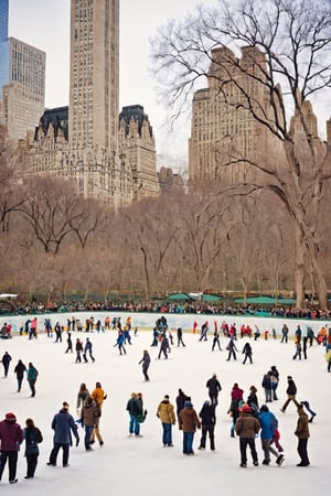 Random people standing around wollmans rink central park. Mid morning, cold weather, hyper detailed photography, 