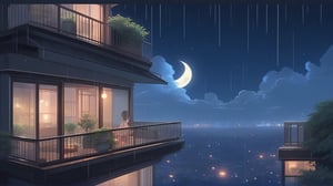 masterpiece:1.3, best quality:1.3, 8k raw ,sky,raining, cloud, plant,no humans, night, moon, cloudy sky, building, star , night sky, scenery, full moon, city lights, Balcony view,midjourney,no people,lofi style,niji style