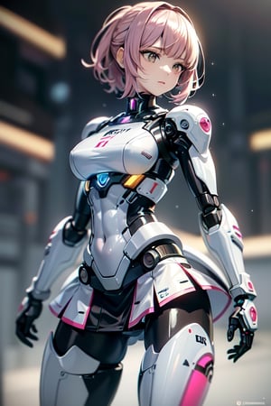 RAW picture, Best picture quality, high resolution, 8k, realistic, sharp focus, realistic image of elegant lady, supermodel, incredibly absurdres, break.
 (radiant Glow), (sparkling suit) ,break.
 ((One android girl)), ((pink curvy boby)), ( fighting ), break. 
(brown short hair:1.2), ((LED lighting parts on her body:1.2)), break. 
((extremely detailed mecha suit with short skirt:1.2)), break. 
(robotic arms), (robotic legs), (robotic hands), ((robotic joint)), break. 
((Cinematic angle)), ultra fine quality, masterpiece, best quality, incredibly absurdres, fhighly detailed, highres, high detail eyes, high detail background, sharp focus, (photon mapping, radiosity, physically-based rendering, automatic white balance), masterpiece, best quality, ((Mecha body)), furure_urban, incredibly absurdres, dress, masterpiece, masterpiece, best quality, Mecha body, Colorful portraits