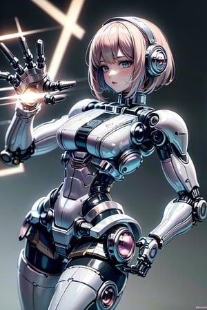 RAW picture, Best picture quality, high resolution, 8k, realistic, sharp focus, realistic image of elegant lady, supermodel, incredibly absurdres, break.
 (radiant Glow), (sparkling suit) ,break.
 ((One android girl)), ((pink curvy boby)), ( fighting ), break. 
(brown short hair:1.2), ((LED lighting parts on her body:1.2)), break. 
((extremely detailed mecha suit with short skirt:1.2)), break. 
(robotic arms), (robotic legs), (robotic hands), ((robotic joint)), break. 
((Cinematic angle)), ultra fine quality, masterpiece, best quality, incredibly absurdres, fhighly detailed, highres, high detail eyes, high detail background, sharp focus, (photon mapping, radiosity, physically-based rendering, automatic white balance), masterpiece, best quality, ((Mecha body)), furure_urban, incredibly absurdres, dress, masterpiece, masterpiece, best quality, Mecha body, Colorful portraits, chrometech 
