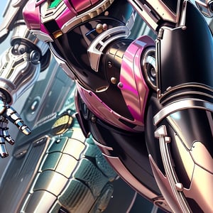 1 robots, 1 young lady, chrome metallic pink reflective robotic body, short hair, (close up to crocth:1.2), embarrassed, from below angle, blank_bg, zzmckzz, chrometech,