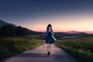 A 20-year-old Asian woman walks on a path leading to a hill, surrounded by a peaceful early morning scene as the sky begins to glow. Wearing a light blue dress and carrying a small black backpack