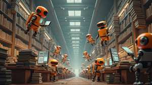 A bustling library filled with adorable robots, each uniquely designed and vibrant, searching through stacks of books and digital screens for information. Soft, ambient lighting highlights the intricate details and metallic textures of the robots' bodies. Some robots float on hovering platforms, while others use extendable arms to reach shelves high above. The library is vast, with towering bookshelves, cozy reading nooks, and interactive holographic catalog stations. A sense of curiosity and dedication fills the air as the robots move diligently through their tasks. The overall scene is captured with a masterful blend of realism and whimsy, showcasing a harmony between advanced technology and the timeless pursuit of knowledge.