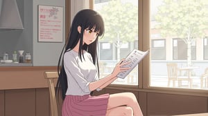 (Japanese exquisite comic style), A 20 year old asian woman with long black hair, 173 cm tall and slim figure, White blouse, pink pleated skirt, She is sitting in a quiet coffee shop by the window, Look at the menu carefully and prepare to order, Expression focused on menu