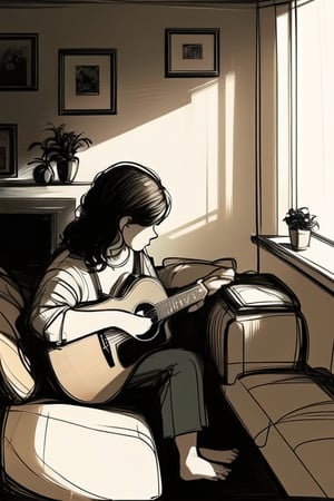 A woman sitting comfortably with an acoustic guitar resting on her lap, her fingers delicately dancing across the strings as she plays, a serene and focused expression on her face, immersed in the music she creates, set in a cozy living room filled with warm lighting and tasteful decor that complements the artistic ambiance,lineart,YunQiuLineArt01