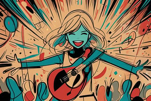 A whimsical cartoon illustration of a woman playing an acoustic guitar, rendered with bold, clean outlines and simple shapes, her form and features exaggerated in an endearing, stylized manner, fingers plucking at illustrated strings, surrounded by dynamic musical notes and symbols dancing playfully around her in a vibrant, high-contrast color palette creating an energetic, rhythmic composition,YunQiuLineArt01