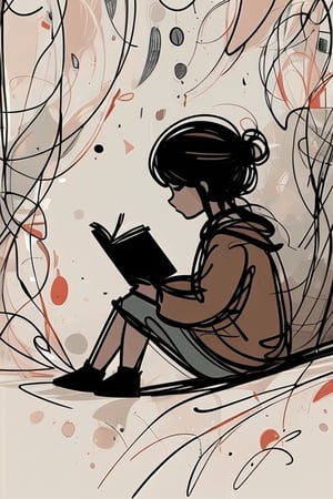 1girl,read book,side view,rendered with bold, clean outlines and simple shapes,chibi,YunQiuLineArt01