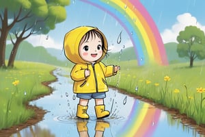 A sweet and joyful little girl wearing a bright yellow rain jacket, playfully splashing in puddles on a pastoral country road after a rain shower, with a vibrant rainbow arcing across the clearing skies above lush green fields and trees in the background, capturing a sense of childhood wonder and happiness in nature's simple pleasures,Line Chibi yellow