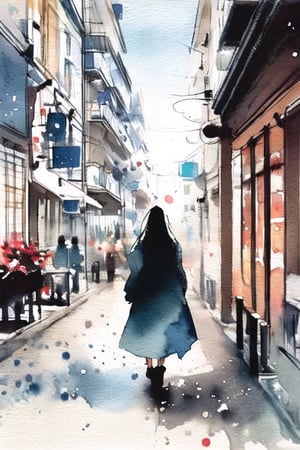 20 years old woman,walk on city,watercolor, smudge,YunQiuWaterColor