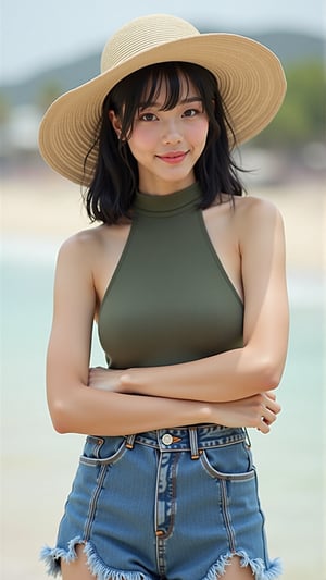 A 20-year-old Asian woman with shoulder-length black hair, High-neck swimsuit, denim skirt, oversized beach hat