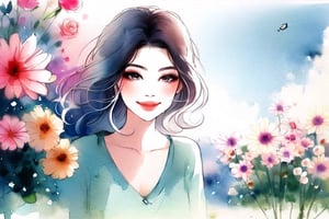 20 years old woman,look at flowers,watercolor, smudge,YunQiuWaterColor
