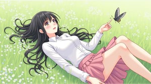 (Japanese exquisite comic style), A 20 year old asian woman with long black hair, 173 cm tall and slim figure, White blouse, pink pleated skirt, She is lying in a meadow, surrounded by wildflowers, looking up at the sky with a peaceful smile, her hand reaching out to gently touch a passing butterfly.