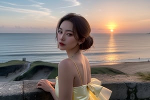 {{best quality}}, {{masterpiece}}, {{ultra-detailed}}, {illustration}, {detailed light}, {an extremely delicate and beautiful},A twenty-year-old woman novel writer, Light yellow dress, seaside, sunset,Looking back sideways