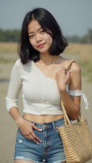 A 20-year-old Asian woman with shoulder-length black hair, Wrap top, denim shorts, straw tote bag