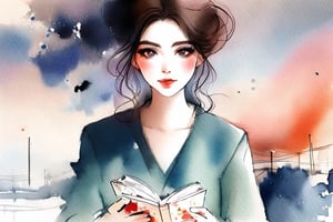 20 years old woman,read book,watercolor, smudge,YunQiuWaterColor