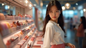 (outstanding photography), A 20 year old asian woman with long black hair, 173 cm tall and slim figure, White blouse, pink pleated skirt,a stunning and realistic photograph of a young girl browsing beauty products at a makeup counter, late afternoon lighting highlights her curious expression, intricate details of various colorful cosmetics on display, depth of field focuses on the girl, soft bokeh in the background, capturing the essence of exploration and discovery, vogue style composition, high resolution, expertly balanced colors and contrast